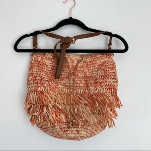 Nordstrom Orange Cream Boho Straw Fringe Tan Crossbody Strap Hobo Bucket Bag